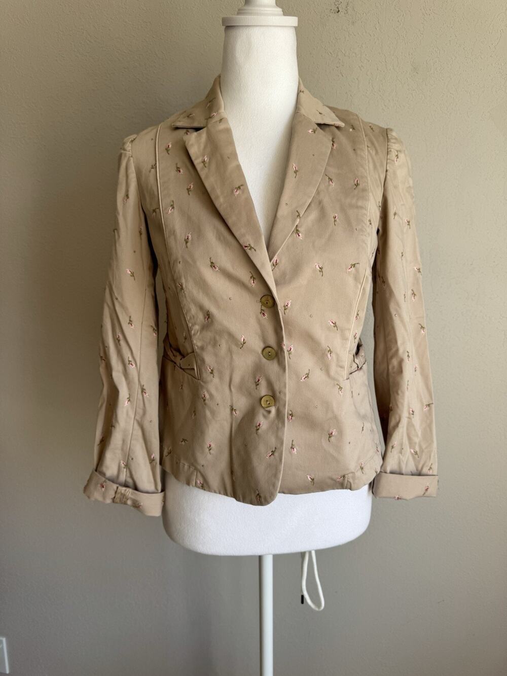 Rebecca Taylor Beige Pink Embroidered Flowers Cotton Blend Fitted Blazer Women 4
